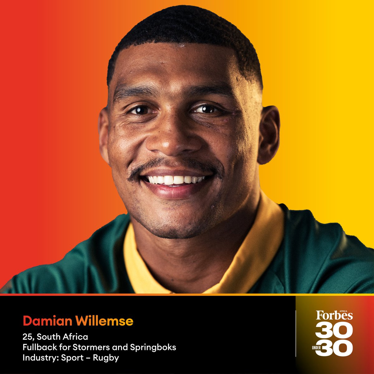 #ADecadeOfUnder30🎉
Known to the world for his quips on social media and hilarity when celebrating wins, Damian Willemse is also known as the youngest member to win two Rugby World Cups – winning with the team in 2019 and in 2023.

Want to know more about the…