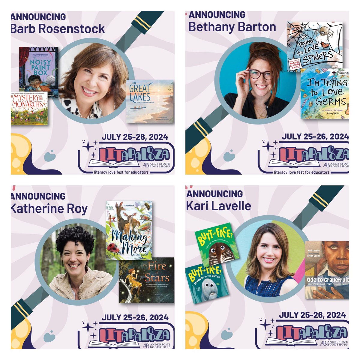Happy #LITFriday! Who’s ready to learn from these great informational picture book creators? @barbrosenstock @awesomebARTon @KRoyStudio & @KariALavelle will be at #LITapalooza this summer, along with 70 other kidlit creators! 🎉📚❤️ Get your tickets here: eventcombo.com/e/LITapalooza-…