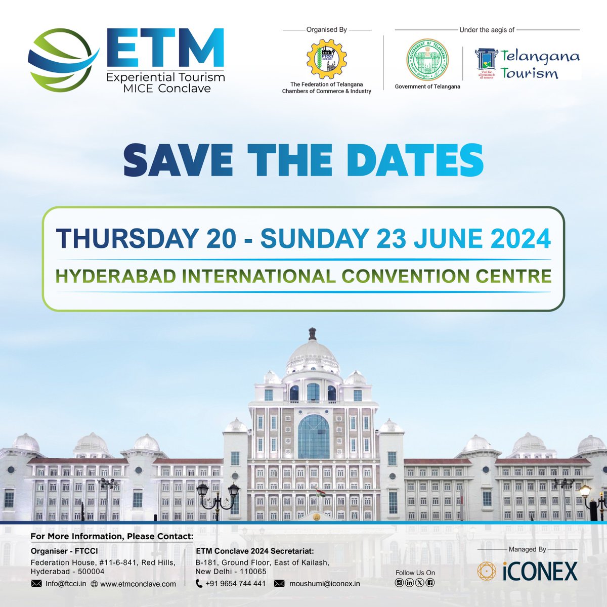 FTCCI THMMICEE committee & Govt. of Telangana presents the Inaugural Edition of FTCCI ETM Conclave 2024, managed by iCONEX. Join us for two days of Familiarization Tours and two days of networking at HICC, Hyderabad from June 20th to 23rd ! #ETMConclave #FTCCI #Hyderabad #Tourism