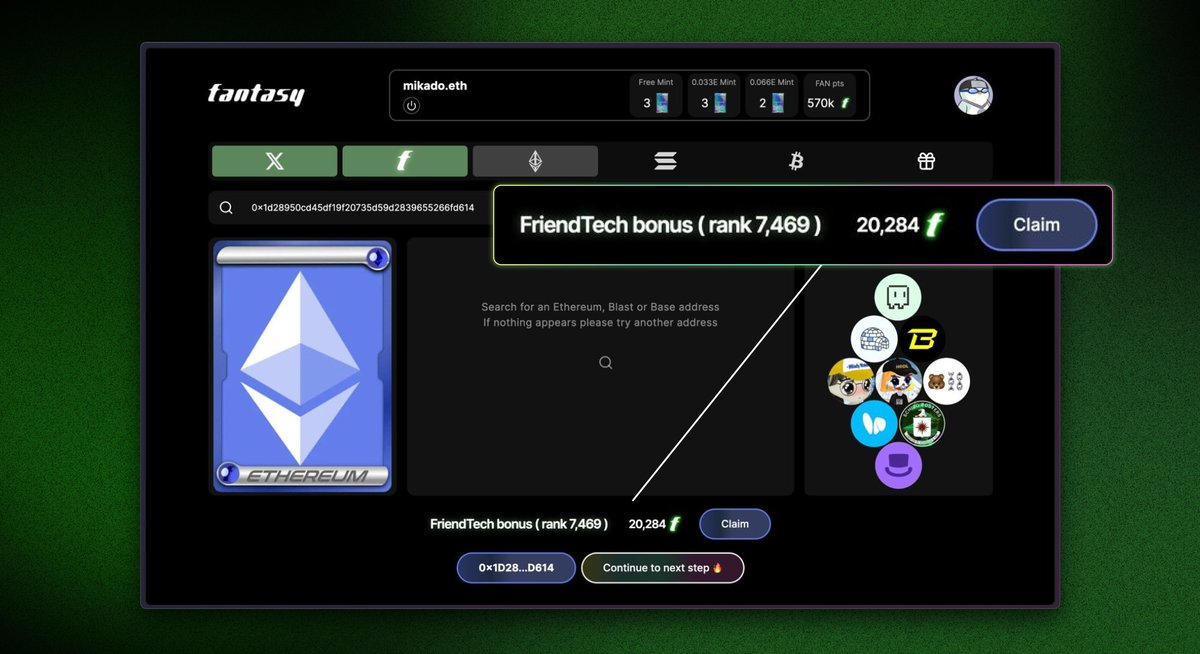 Friend Tech Airdrop 🐰

The most engaged 38,000 FT users are eligible for the Fantasy Airdrop!

Participants can earn up to 30,000 FAN points. ✨

Claiming the FT airdrop is simple and doesn't require a wallet.

Simply log in to Fantasy with X, and we will link your handle to the