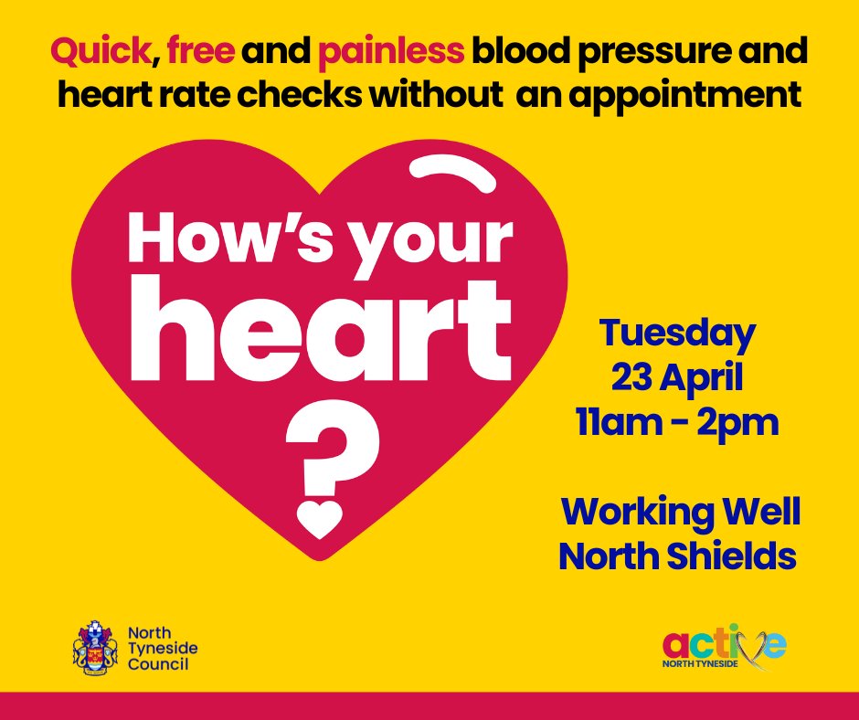 📍 Pop into Working Well North Shields (in the Beacon Centre) this Tuesday for a free blood pressure and heart rate check. 👉 It's free, painless, and doesn't require an appointment! 📅 23 April, 11am - 2pm ❤️ Find out more: my.northtyneside.gov.uk/.../cardiovasc…