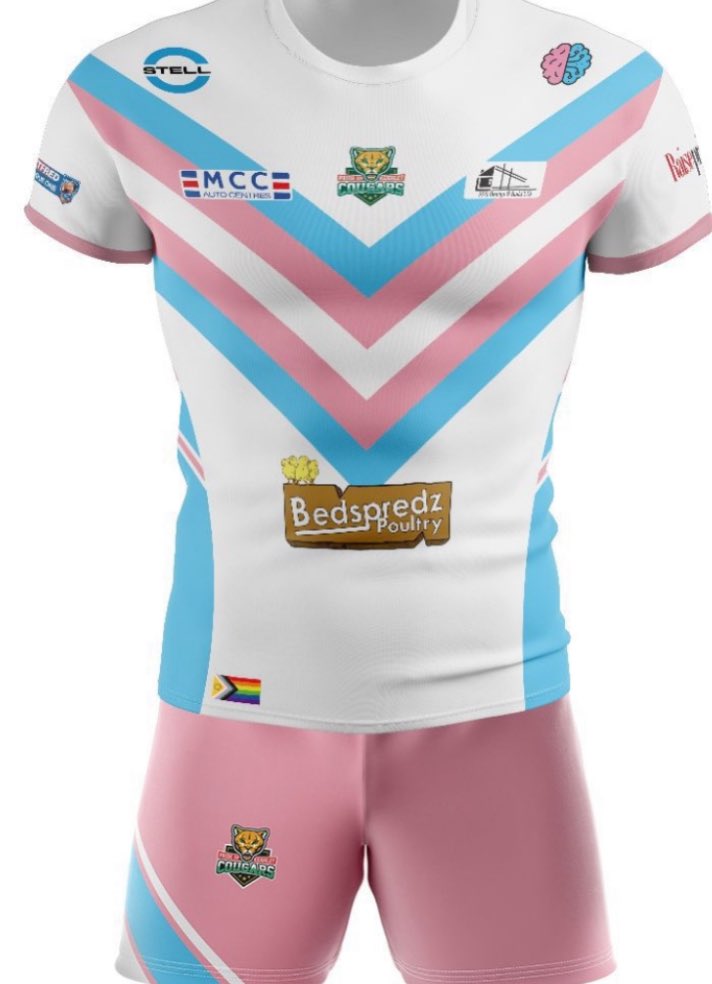 If they got upset by the teeny-weeny little England cross on a football shirt, what will the @DailyMailUK @GBNews @TalkTV make of a tough Northern rugby club having this as their new strip? 🏳️‍⚧️ Coolest pro sports club in the world #KeighleyCougars @Cougarmania