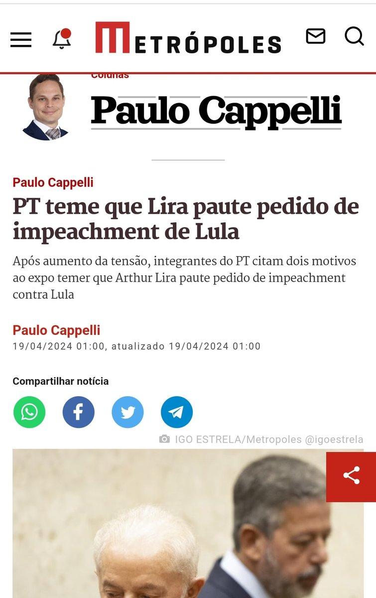 🚨 URGENTE - Lula deixa equipe em alerta caso Lira decida pautar um pedido de Impeachment . São mais de 19 pedidos de impeachment protocolados contra Lula, que vão desde a reunião com o ditador venezuelano Nicolás Maduro no Brasil até declarações contra Israel. Fonte-…