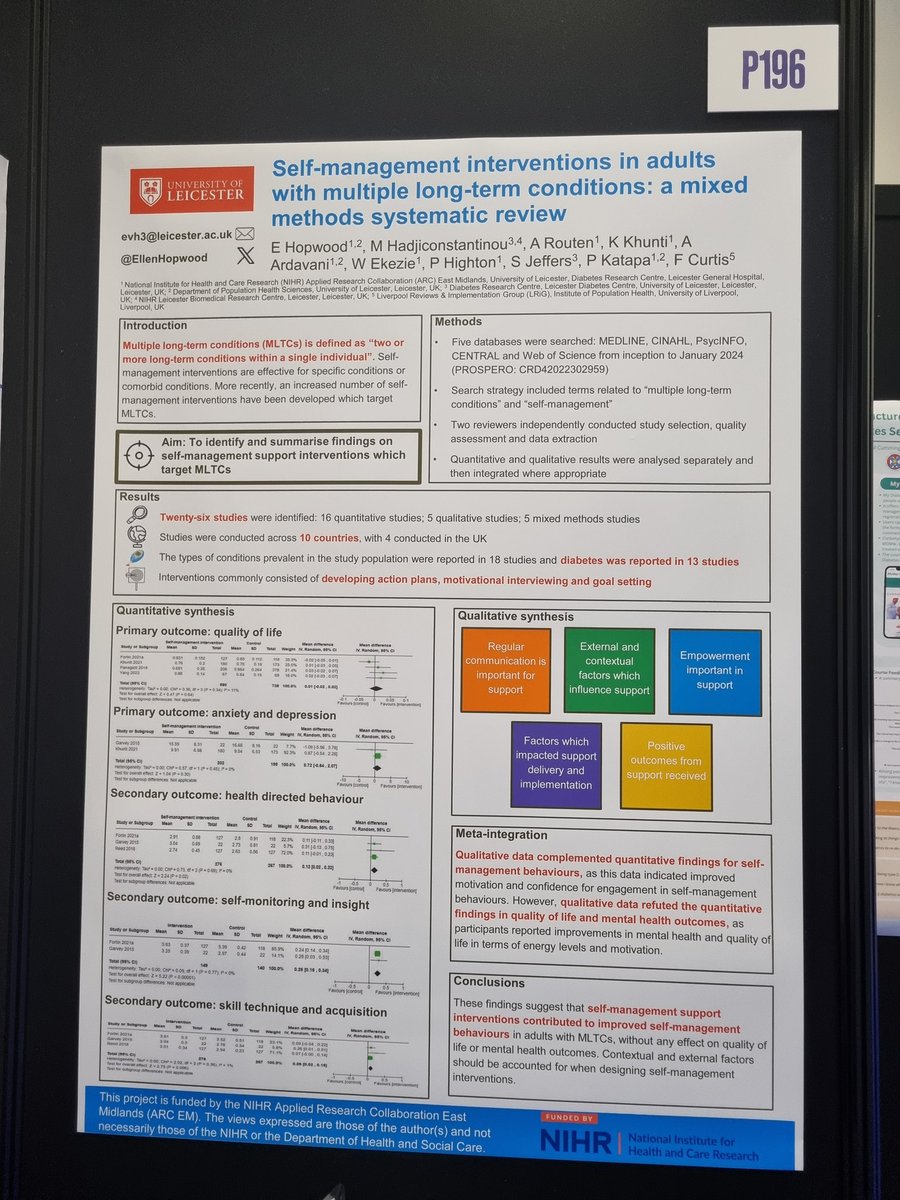 And finally proud to see our PhD student @EllenHopwood presenting her systematic review on self-management in multiple long term conditions. Come and hear more about it at P196 at 12.45pm  #DUKPC24 @LDC_tweets @FfionCurtis @AshRouten @kamleshkhunti