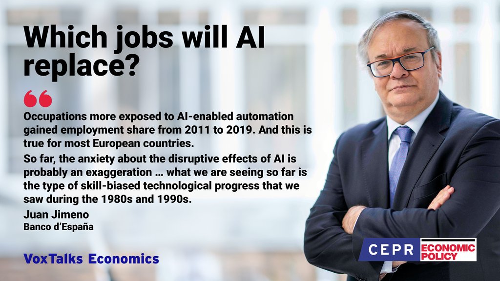 ⭐ VoxTalks Economics NEW EPISODE ⭐ Evidence from the early adoption of AI show that it is already reshaping labour markets in US/Europe. Gino Gancia @unimib & @jfjimenoserrano tell @timsvengali @cepr_org what we know so far. Listen & subscribe: podfollow.com/voxtalks