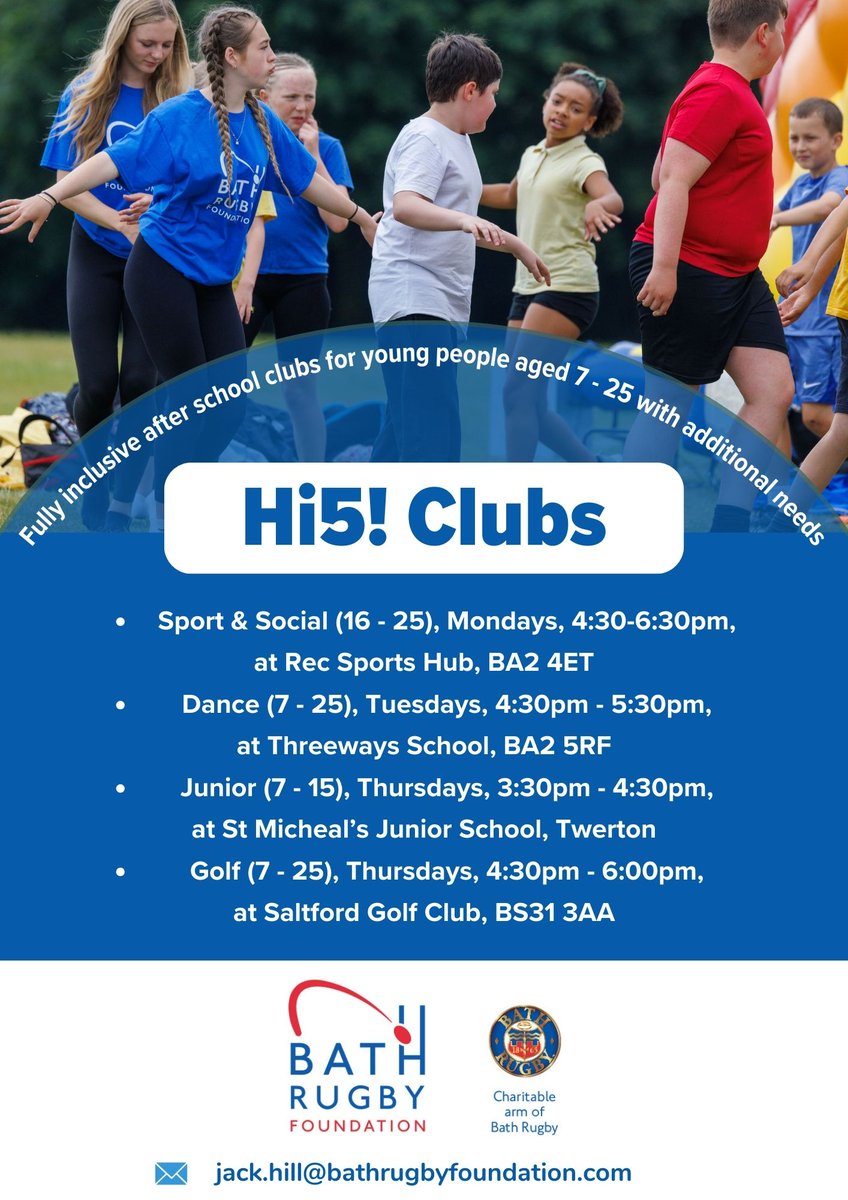 Hi5! Term 5, lets go! Our fully inclusive after school clubs for young people with additional needs between the ages of 7-25 aims to lower social isolation and create an accepting sporting community. To book on to one of our clubs, visit: bathrugbyfoundation.com/Event/hi5-term…