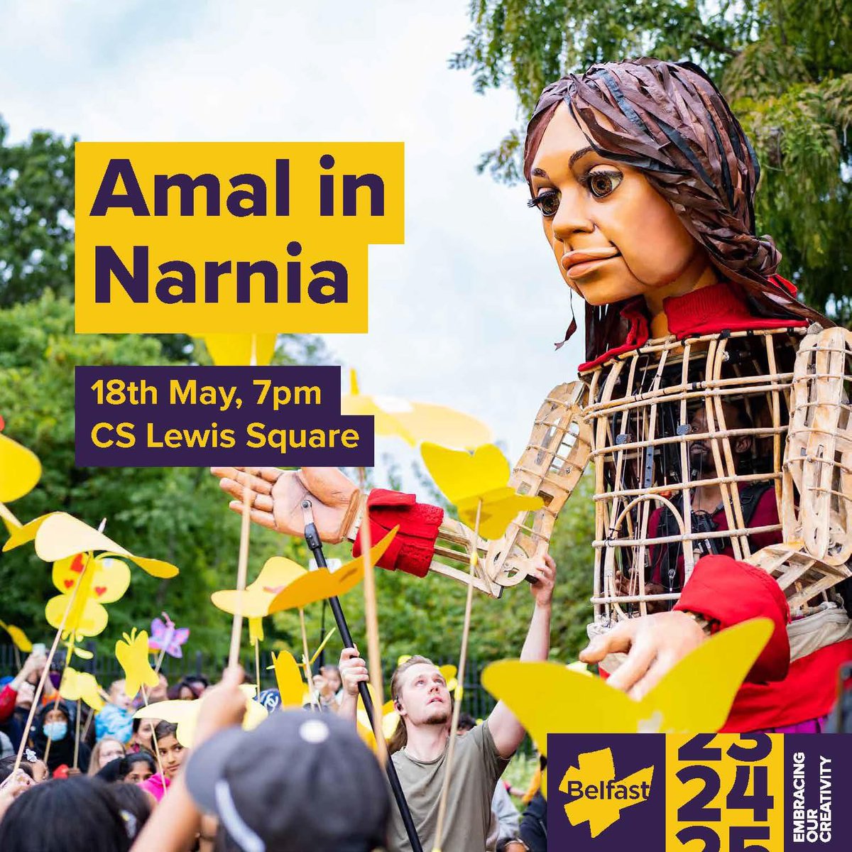 Amal in Narnia 🦁 Amal ventures into East Belfast where she discovers a large wardrobe in the centre of CS Lewis Square. She meets Mr Tumnus, Lucy, Edmund and Peter and they go into the wardrobe which transports them to the land of Narnia. Who will Amal meet and what will she