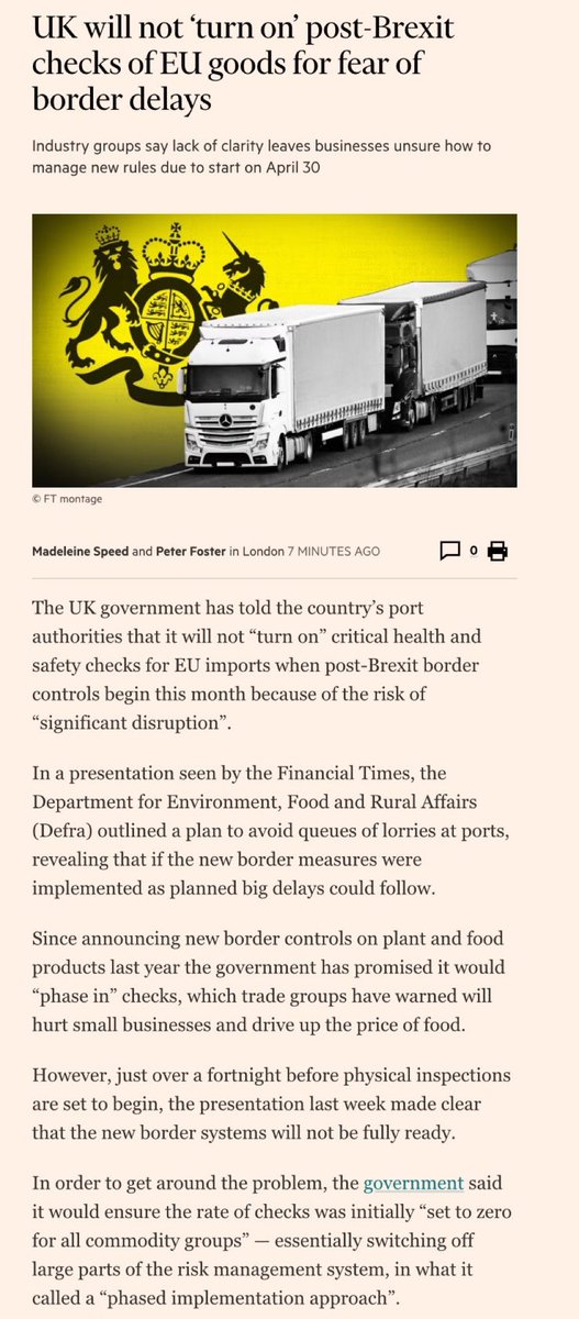 The EU finished expanding and testing its post-Brexit border facilities in 2019. The Tories still haven't finished ours (some of the work has barely started). So the much trailed incoming border checks are off, again again. Uncertainty kills business! ft.com/content/ba1974…