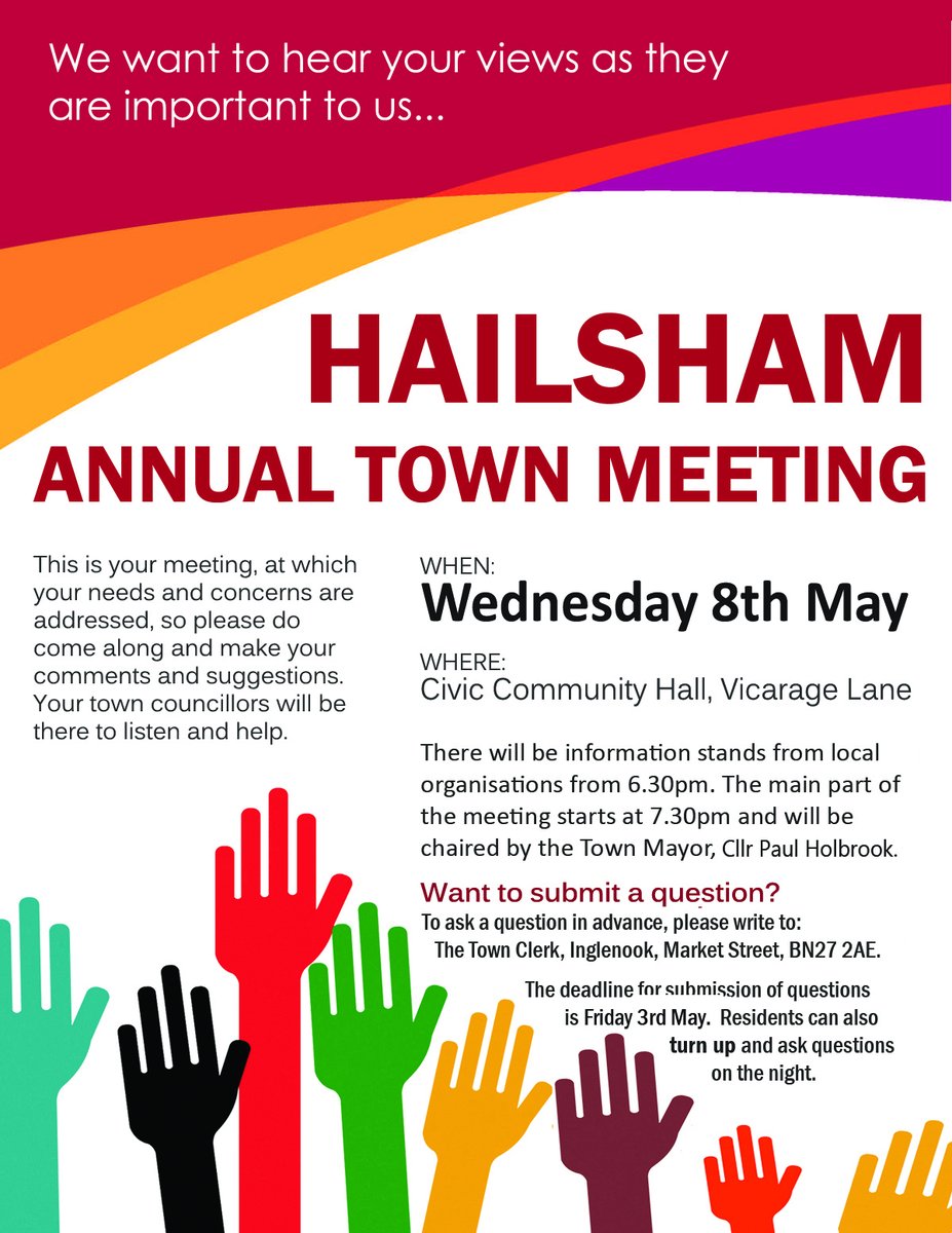 Residents are invited to attend our Annual Town Meeting at the Civic Community Hall on 8 May (6.30pm). The meeting offers a great opportunity to update you on the important projects that we have been working on, so please come along and find out more! hailsham-tc.gov.uk/news/hailsham-…