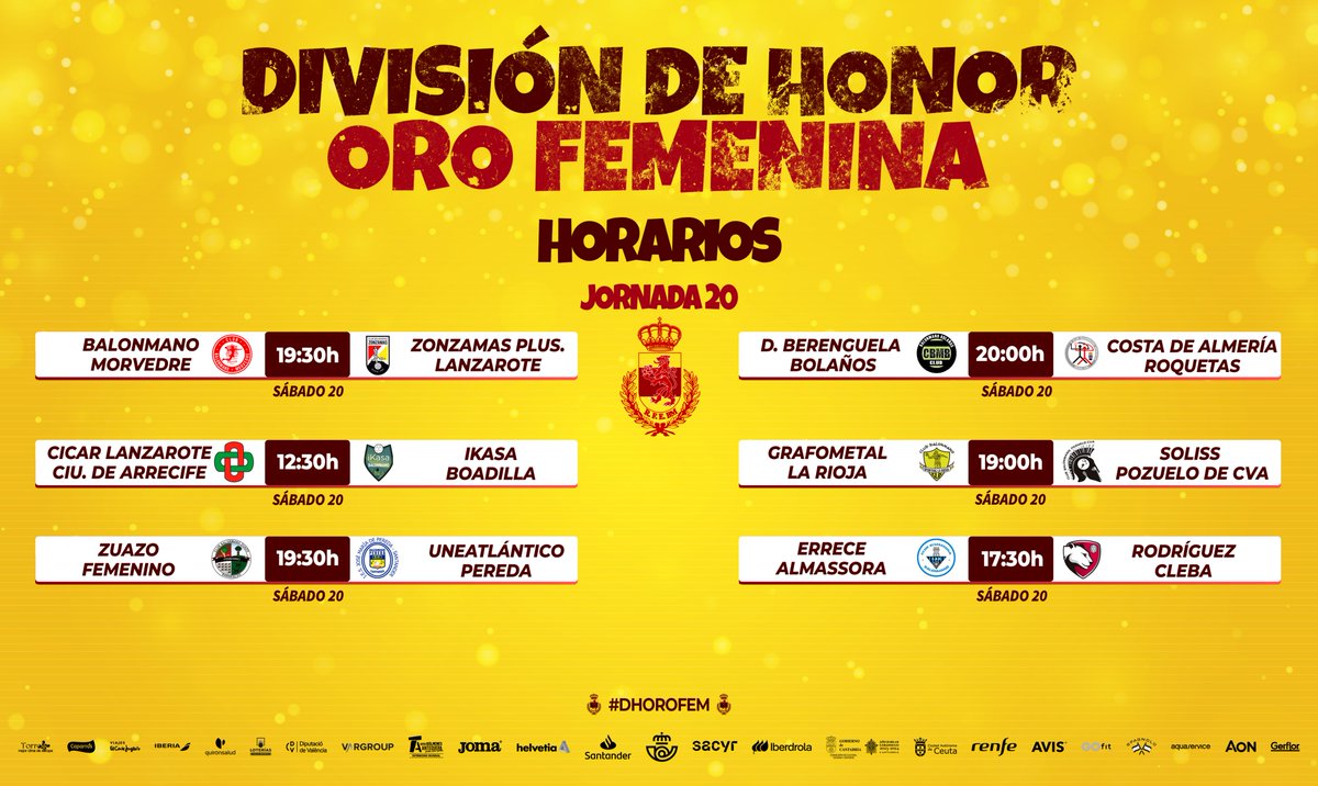 ⏰ ¡Estos son los 𝐇𝐎𝐑𝐀𝐑𝐈𝐎𝐒 de la J. 2⃣0⃣ en la #DHOroFem! 

🆙 <a href="/BMMorvedre/">#vamosMorvedre🖤♥️</a>, <a href="/CbmZuazo/">Club Balonmano Zuazo</a> y @SportingLR siguen en la pelea por las dos plazas de 𝐚𝐬𝐜𝐞𝐧𝐬𝐨 𝐝𝐢𝐫𝐞𝐜𝐭𝐨

🔴 La lucha por la salvación continúa: ¡𝟒 𝐞𝐪𝐮𝐢𝐩𝐨𝐬 𝐞𝐧 𝟐 𝐩𝐮𝐧𝐭𝐨𝐬!

#SheLovesHandball