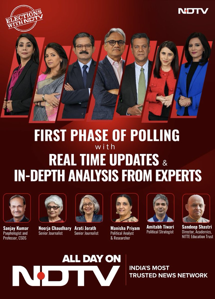 #ElectionsWithNDTV | Get real-time updates of #LokSabhaElections2024 from Ground Zero, exclusive interviews of the leaders, in-depth analysis from experts and more. Watch NDTV 24x7 for 360° coverage as 102 seats vote in Phase 1 of #Elections2024 @sanjaypugalia, @VishnuNDTV,