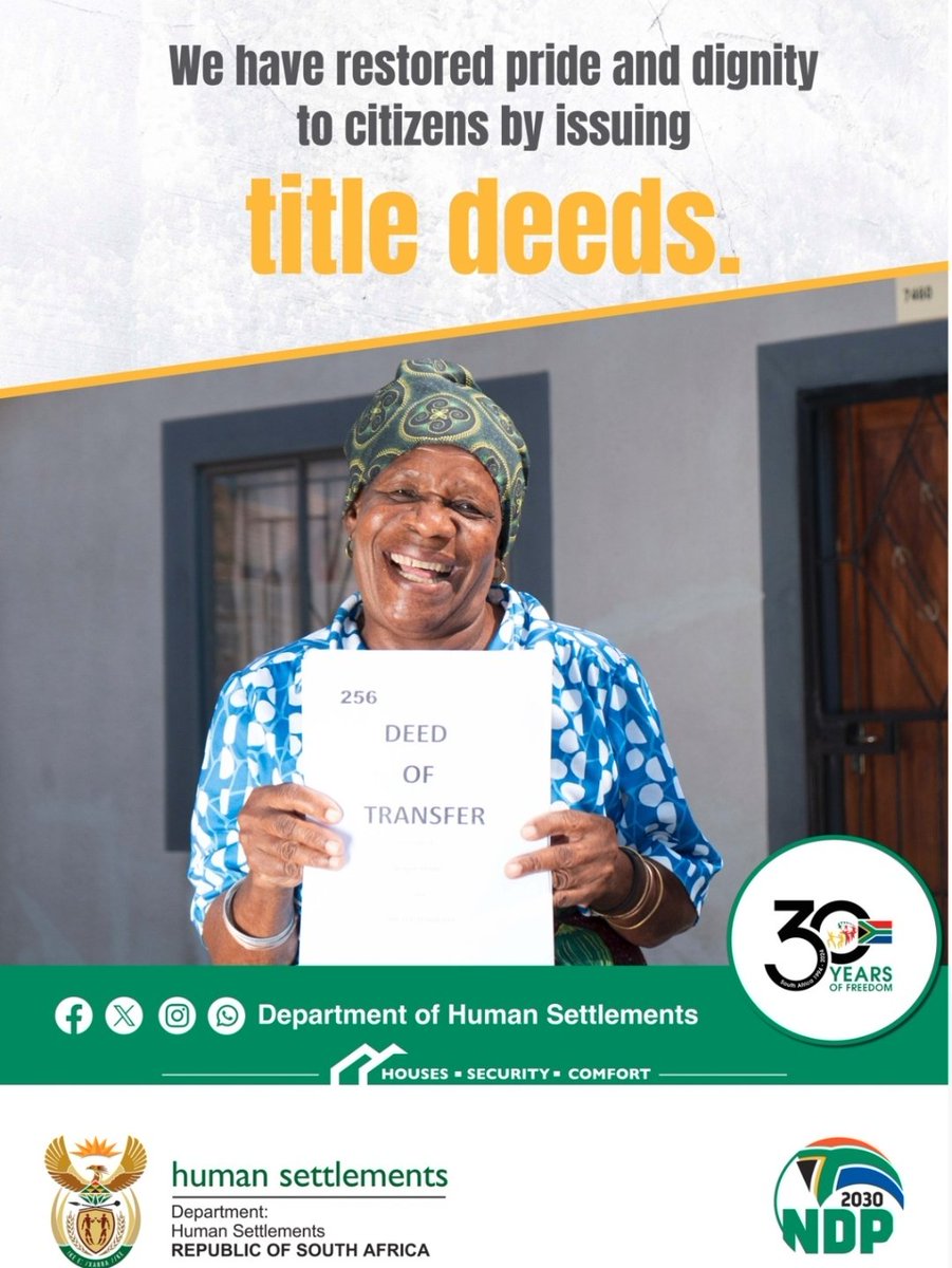 As we celebrate #30YearsofFreedom. The Department of Human Settlements has issued more than 2 million title deeds to beneficiaries. We are restoring dignity and creating legacies. One title deed at a time.

#HousingTheNation #LeavingNoOneBehind #FreedomMonth2024