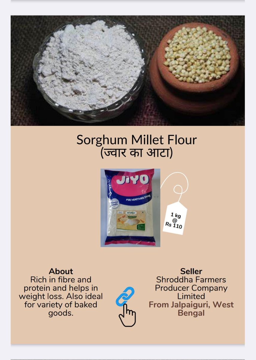 Flour Power!

Sorghum millet flour or Jowar atta- derived from the gluten-free Jowar millet. Naturally high in dietary fiber, which supports digestive health.

Order at👇

mystore.in/en/product/sri…

💪😇

@AgriGoI @ONDC_Official @PIB_India @mygovindia @IYM2023 #VocalForLocal #tasty