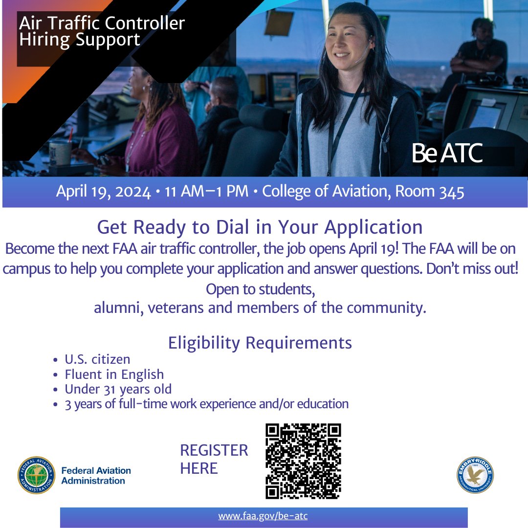 Interested in becoming a FAA air traffic controller? The FAA will be on campus TODAY, April 19th 11am-1pm to help with applications and other questions!

#CareerServices
#FAA