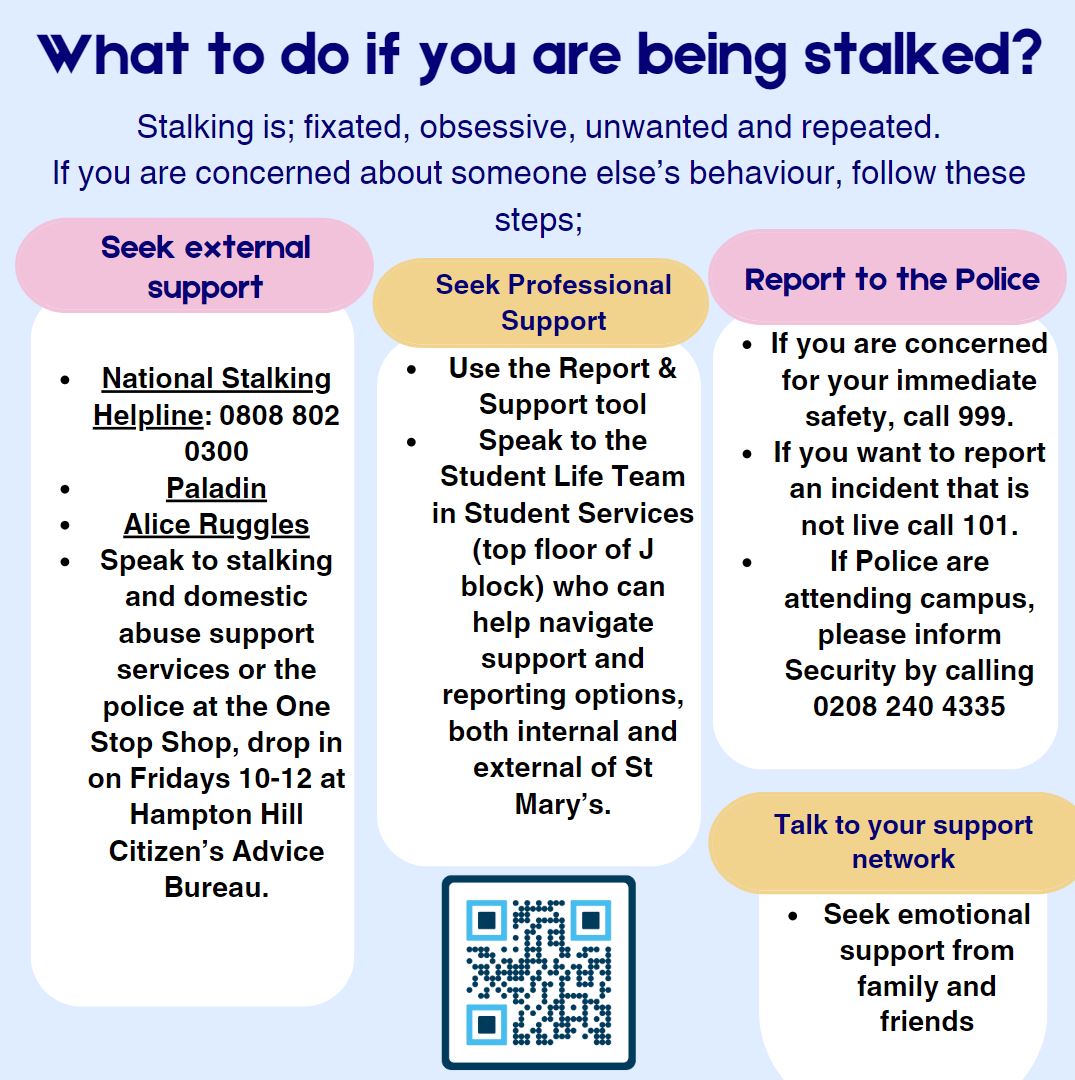 Join the #StudentLife Team in the Shannon Corridor from 12-1 to learn more about Report & Support & how @YourStMarys is here to support you. #StalkingAwarenessWeek