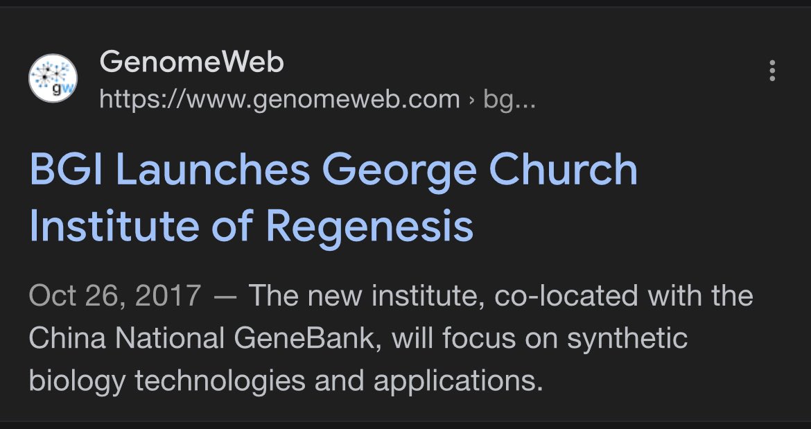 👀 George Church’s BGI group was one of Metabiota’s organizational partners with EcoHealth Alliance. 

BGI is a Chinese genomics company that was blacklisted as a Chinese military company by the US DoD in 2022 “that operates directly or indirectly in the United States”. 

Nothing