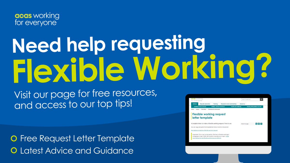 Did you know that the right to request #FlexibleWorking is now available from the first day of employment? If you're considering submitting a flexible working request, check out our free template for employees: 👇 acas.org.uk/flexible-worki… #HRNews #EmploymentLaw