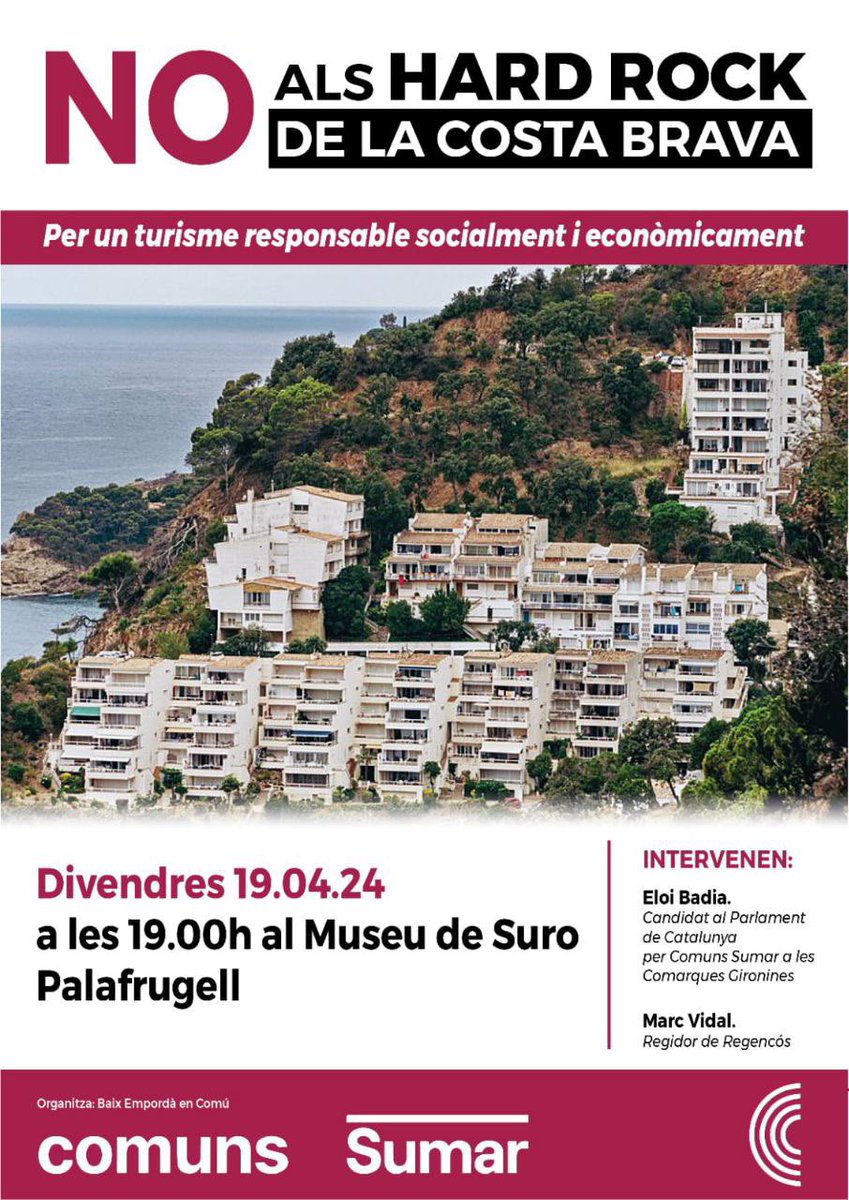 No volem cap Hard Rock, ni a Tarragona ni a la Costa Brava.

Avui debatrem sobre propostes per fer front a l’impacte mediambiental que té la massificació turística i l’especulació a les nostres platges i muntanyes.

Al Museu del Suro de Palafrugell amb @marcvidalpou @SomComuns