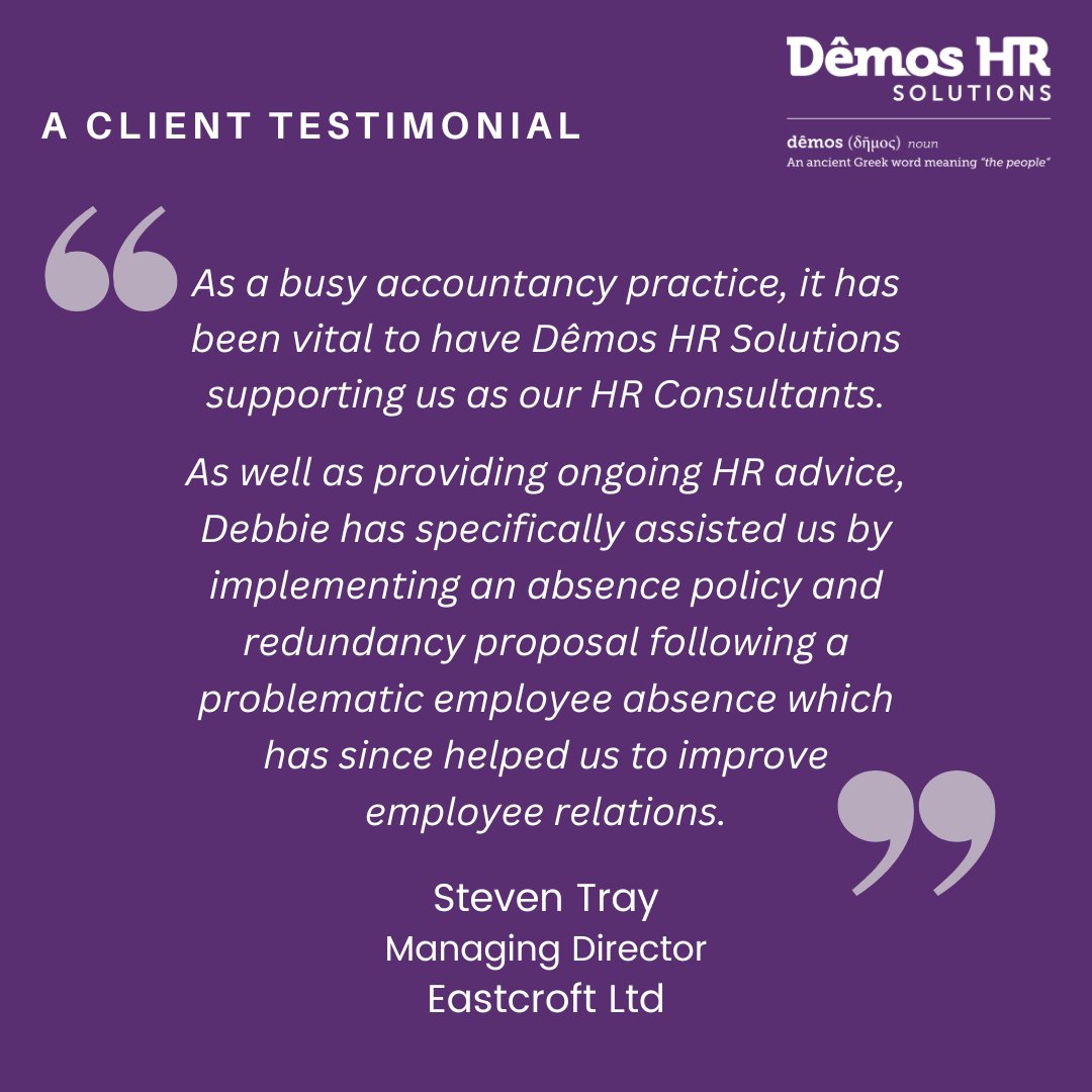 Demos HR Solutions (@demoshruk) on Twitter photo Thank you to Eastcroft Ltd for these kind words about the service we have provided.
If you’d like to see how we could help your business with an outsourced #HRConsultancy service, please get in touch on 07974 695 365 or email hello@demoshr.co.uk.
#HRadvice #clientfeedback Thank you to Eastcroft Ltd for these kind words about the service we have provided.
If you’d like to see how we could help your business with an outsourced #HRConsultancy service, please get in touch on 07974 695 365 or email hello@demoshr.co.uk.
#HRadvice #clientfeedback