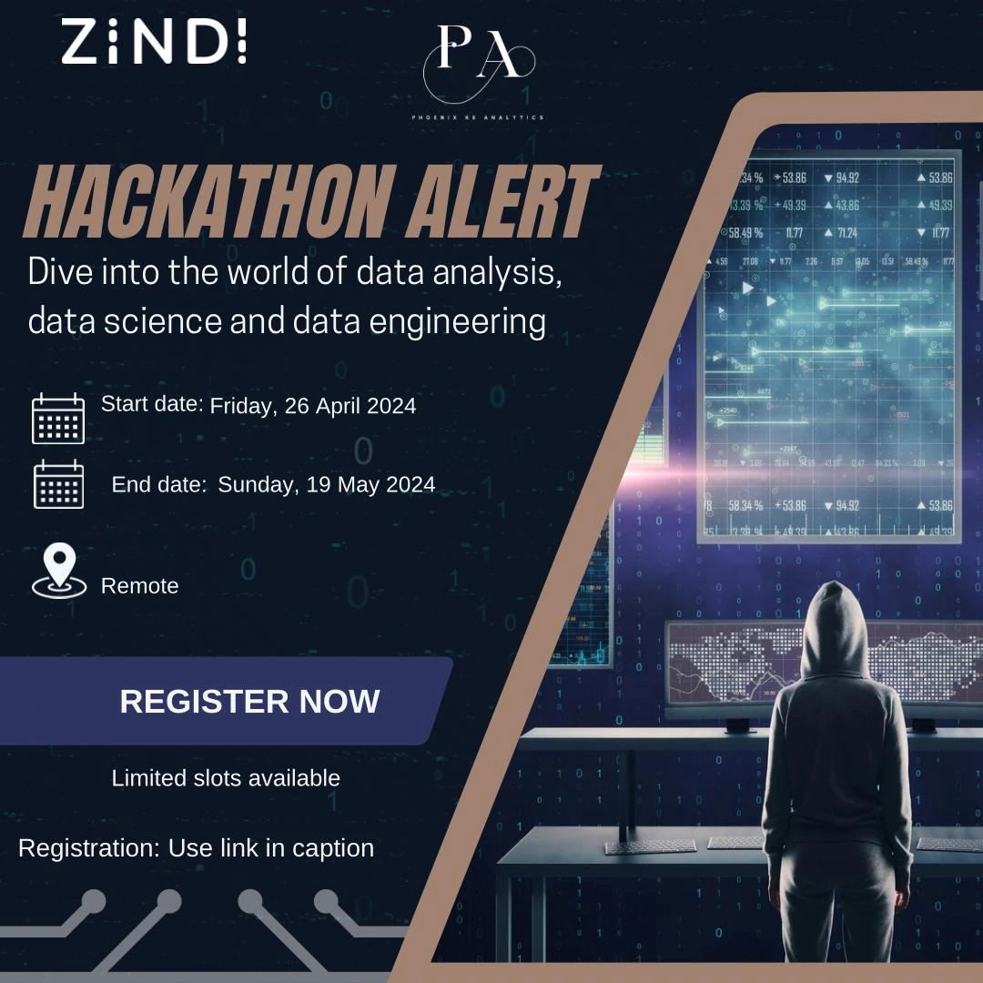 📢Hackathon Alert📢 Join our inaugural hackathon, a collaboration between Phoenix Analytics and Zindi, from May 26th to May 19th, 2024! For registration: Data Analysts: lnkd.in/dE-Rmat4 Data Engineers: lnkd.in/dh47kCb8 Data Scientists: lnkd.in/d_NHJbHR