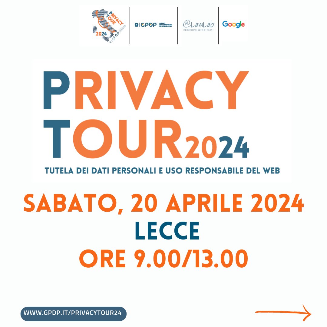 Il 20 aprile, il #PrivacyTour fa tappa a Lecce. Il progetto nasce per promuovere i temi della protezione dati, dell’educazione digitale e dell’uso consapevole delle nuove tecnologie, a cominciare dall’#IntelligenzaArtificiale ➡️ garanteprivacy.it/privacytour2024 #GarantePrivacy