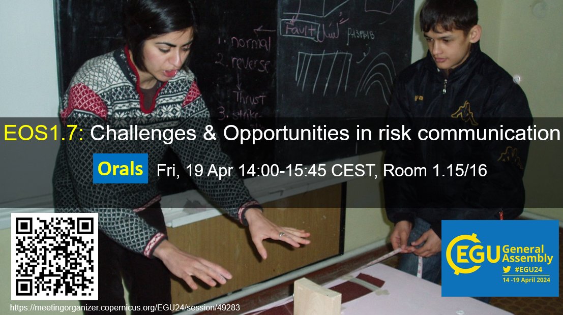 Today at 14:00 CEST in Room 1.15/16 (Green level) and online: Challenges and opportunities in #risk communication: meetingorganizer.copernicus.org/EGU24/session/… #EGU24