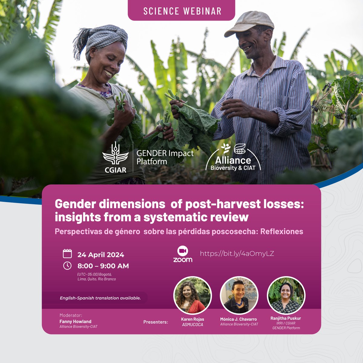 #Webinar alert 📢 What are the gender dimensions of post-harvest losses? @CGIARgender 's Evidence Module Lead @r_puskur, @BiovIntCIAT_eng 's @MnicaJChavarroR and @asmucoca 's Káren Rojas will share insights from a systematic review Register: on.cgiar.org/3W6Hxpk #GenderinAg