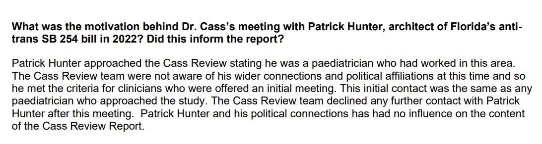 Cass is claiming on meeting with Patrick Hunter, she was 'not aware of his wider connections & political affiliations at this time'. This cannot possibly be true. According to Hunter, the meeting was 'arranged by Dr Ritta Kaltiala', Cass advisory board member who Hunter knew.
