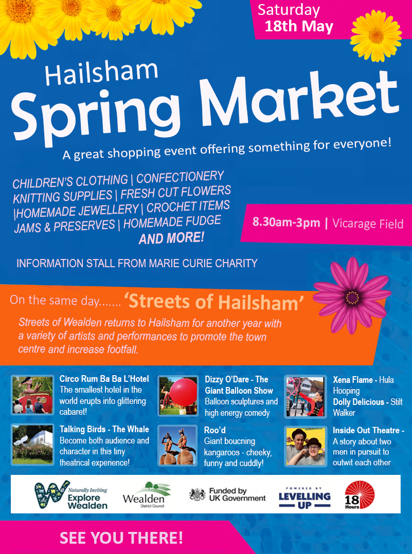 Date for Diaries: Hailsham Spring Market, Vicarage Field, Sat 18 May (8.30am-3pm). Coinciding with 'Streets of Hailsham', with acts including Circo Rum Ba Ba, Talking Birds - The Whale, Roo'd and Dizzy O'Dare... hailsham-tc.gov.uk/news/date-for-…