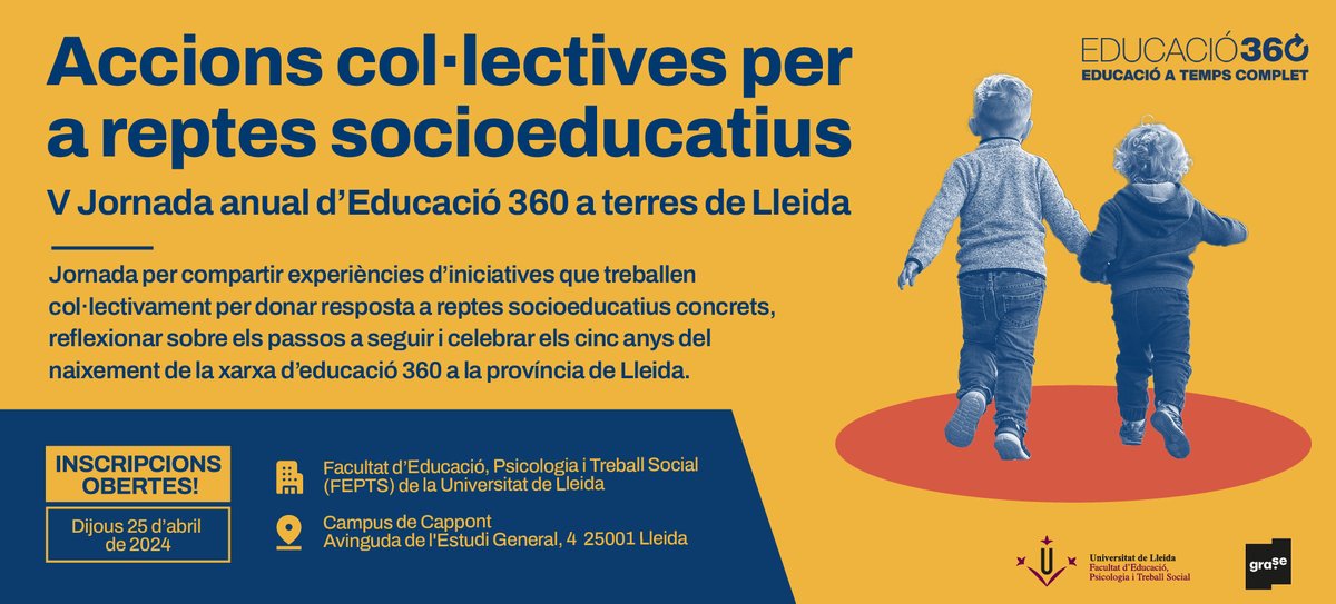 Inscripcions obertes! 📣 La V Jornada anual d’Educació 360 a Terres de Lleida serà l’escenari ideal per compartir experiències d’iniciatives i reflexionar sobre els passos a seguir. 📆 25 d’abril 📍 Universitat de Lleida 🔗 educacio360.cat/accions-collec… @UdL_info