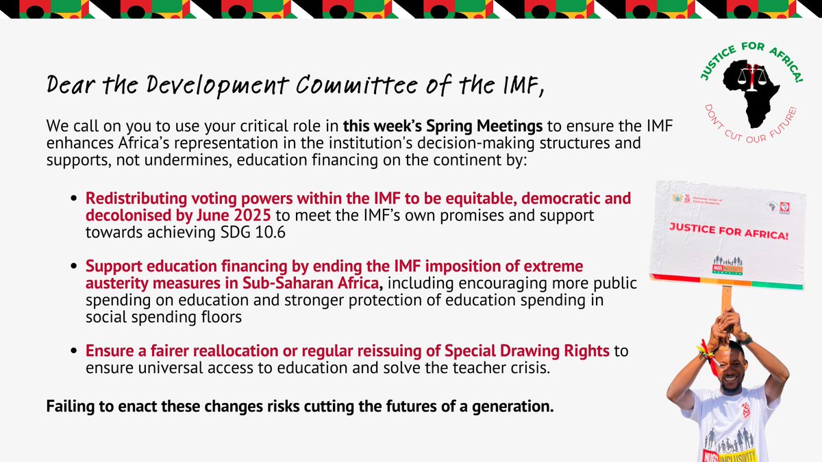 Today @IMFNews & @WorldBank Development Committee have their #SpringMeetings2024 As the African reps on the cmte we're calling on @nskazadi @SudanFinance @GovernmentZA to publicly support these proposals to advance #JusticeForAfrica & #education financing on the continent by ⬇️