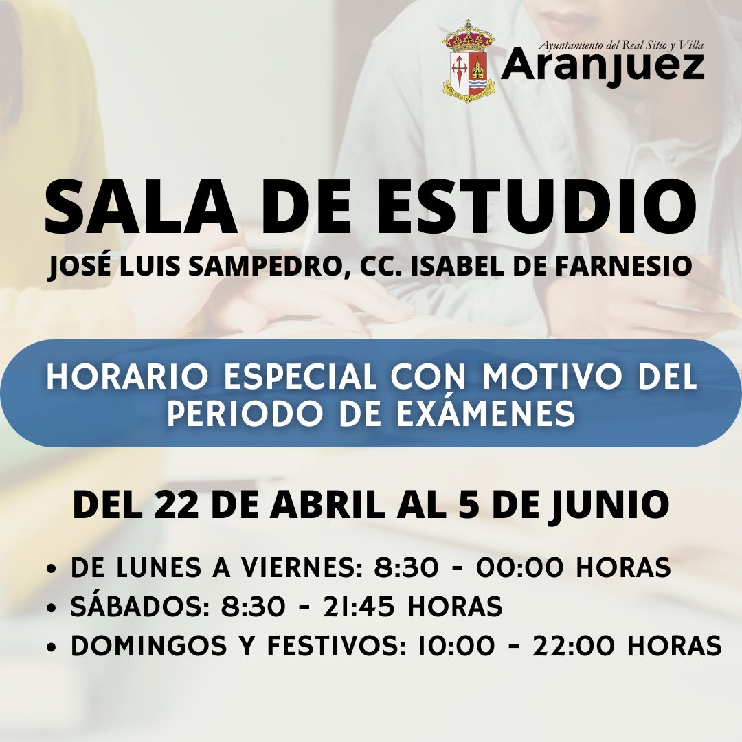 Del 22 de abril al 5 de junio, la Sala de Estudio ‘José Luis Sampedro’, del C.C. Isabel de Farnesio, tiene un horario especial con motivo del periodo de exámenes. ▪️ De lunes a viernes: 8:30-00:00 horas. ▪️ Sábados: 8:30-21:45 horas ▪️ Domingos y festivos: 10:00-22:00 horas