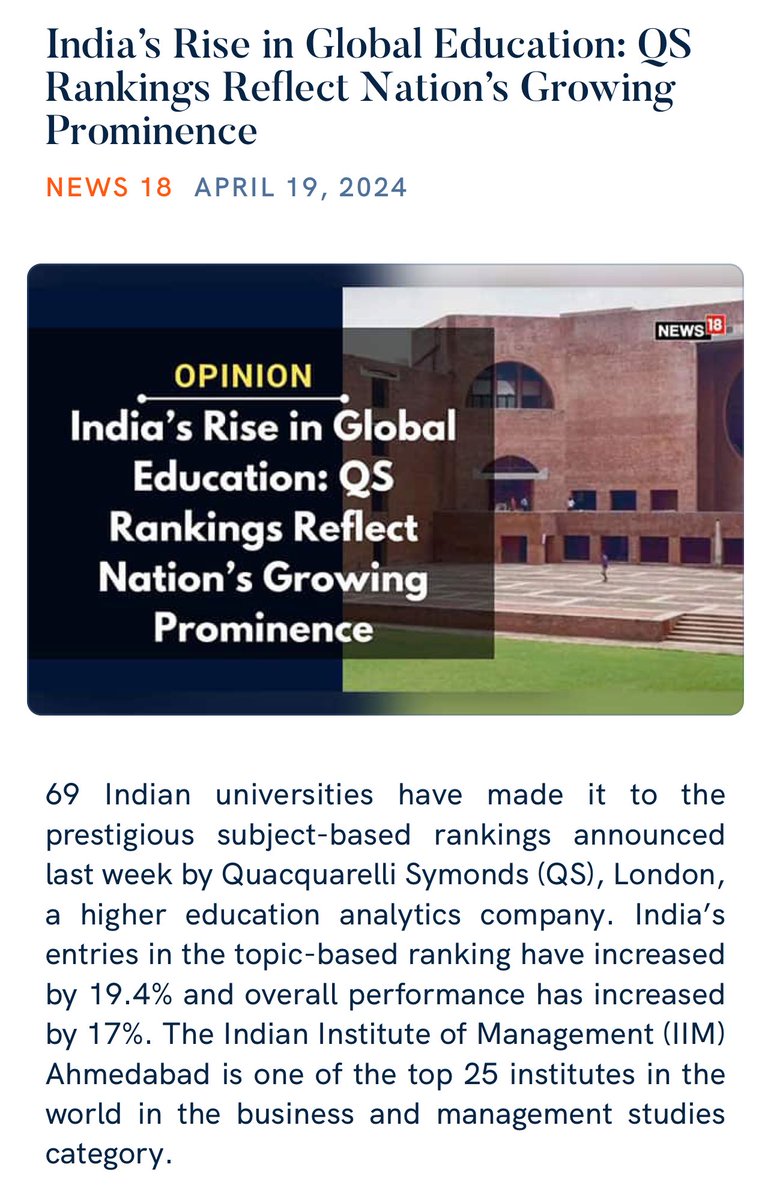 India’s Rise in Global Education: QS Rankings Reflect Nation’s Growing Prominence news18.com/opinion/opinio… via NaMo App