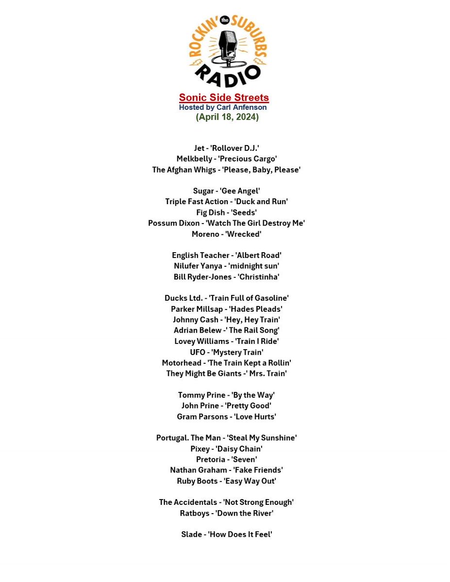 The playlist from yesterday on suburbsradio.com. Check out ⁦<a href="/SuburbsRadio/">Rockin' the Suburbs Radio</a>⁩   #internetradio