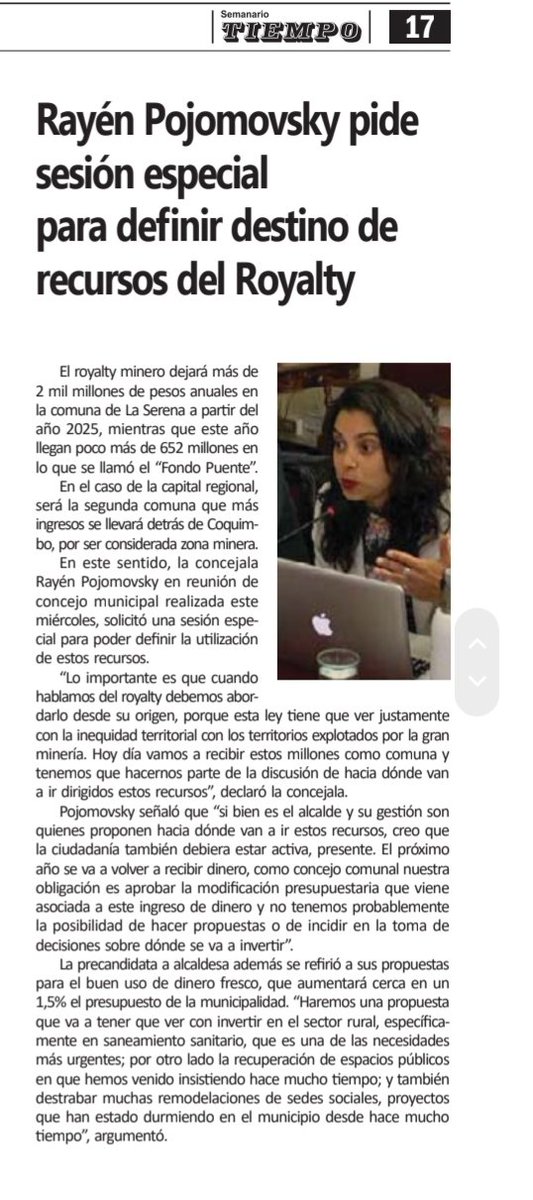 Es importante que los municipios hagan un buen uso de los recursos del royalty minero. Completamente de acuerdo con lo planteado por la concejala Rayén Pojomovsky en La Serena