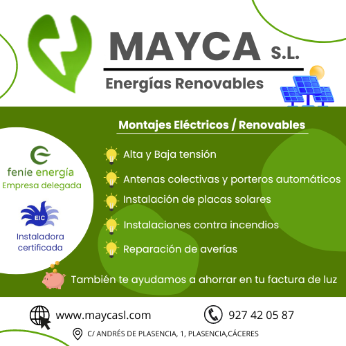 MaycaSL's tweet photo. Desde Montajes Electricos MAYCA S.L. seguimos apostando por la #innovación y el #futuro y adaptándonos a los tiempos que se avecinan.

Ponte en contacto con nosotros:
📷 927420587
📷 maycasl@maycasl.com

#instalacionelectrica #energia #EnergiaSolar #Plasencia #Extremadura https://t.co/siSDrJ70OH