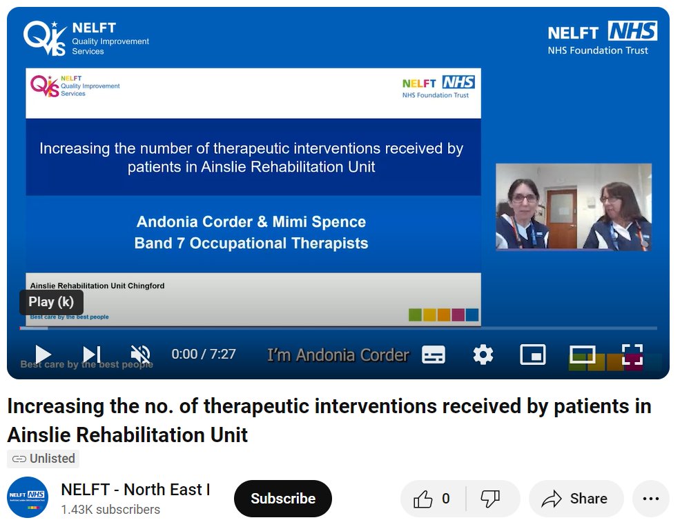 You can now watch Andonia and Mimi's fantastic presentation on how they used #QualityImprovement to help service users receive more therapeutic interventions in the Ainslie Rehabilitation Unit @NELFT Well done to everyone on the team! 👉youtube.com/watch?v=DzMiRC…
