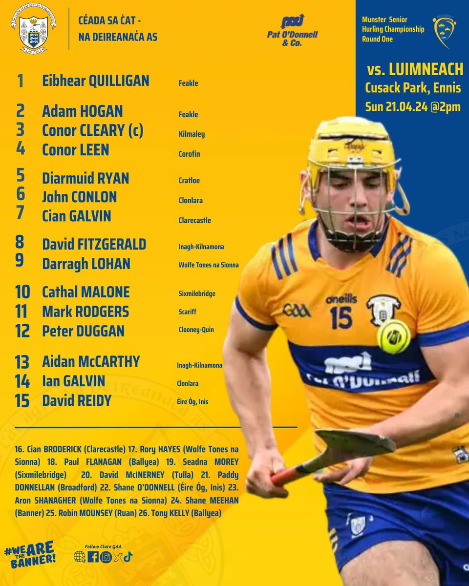 The day we have waited for... The very best of luck to Clare Sn Hurlers & Mgment especially clubmen Mark, Patrick & @OgonnelloeHC Gearoid in the 1st round of the Munster Championship this Sunday against Limerick. An Clár Ábu 💛💙 @ClubClareHS @scariffbayradio @GaaClare