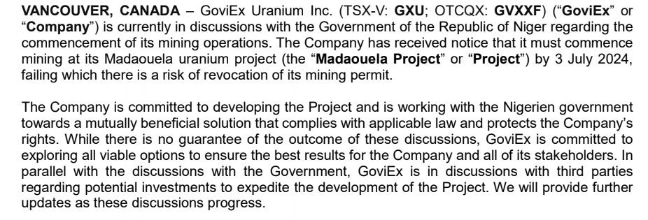 Goviex $GXU was told that if they do not commence their mining operations in Niger by July 3rd 2024, their mining permit will be revoked. Unrealistic timeline, big risk now. Wow.