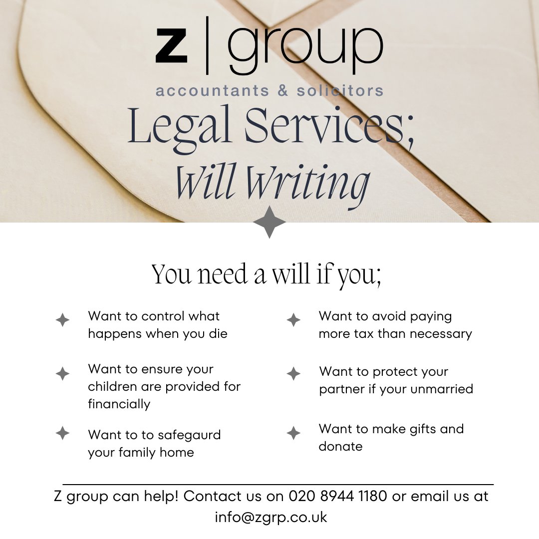 As part of Z group’s legal services we can you help with creating a new will or amending an existing one. Contact us on 020 8944 1180 for more info and pricing details! 

#zgrp #willwriting #willsandprobate #solicitors #legal