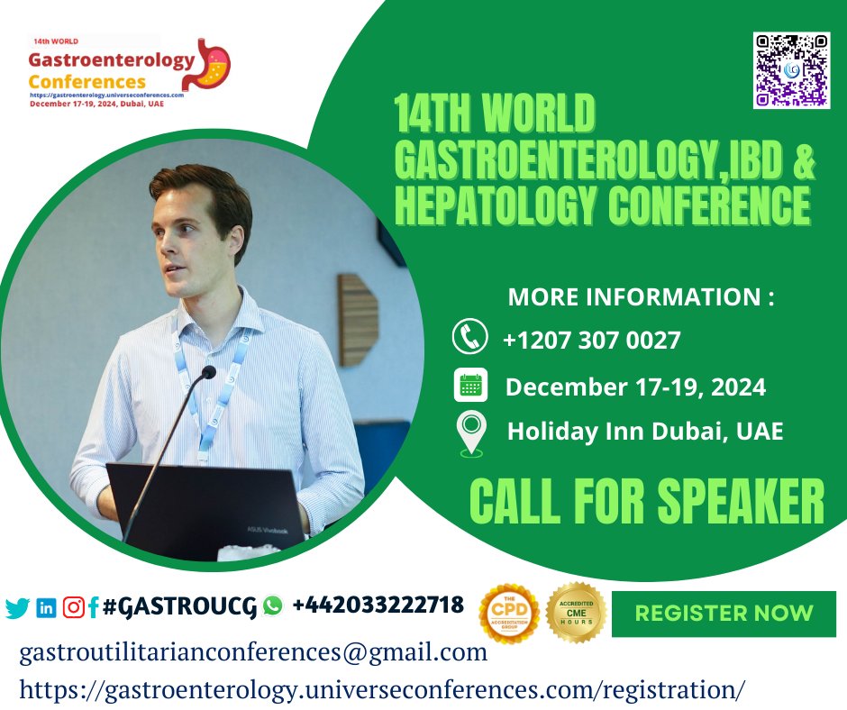 Call for speaker!! Attend the 14th World Gastroenterology, IBD & Hepatology Conference from December 17-19, 2024, in Dubai, UAE & Virtual. Identify your expertise. wa.me/442033222718?t… …troenterology.universeconferences.com/registration/ #MicrobialCommunity #GutBacteria #ProbioticWellness #Microbiome