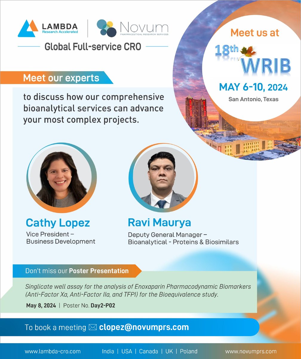 Join Lambda & Novum at the 18th #WRIB conference! Meet our experts to explore how our #bioanalytical services can enhance your projects. To schedule a meeting📩clopez@novumprs.com 
#WRIB2024 #ClinicalTrials #Bioanalysis #Biomarkers #Immunogenicity #Biopharma #Biotech #Research