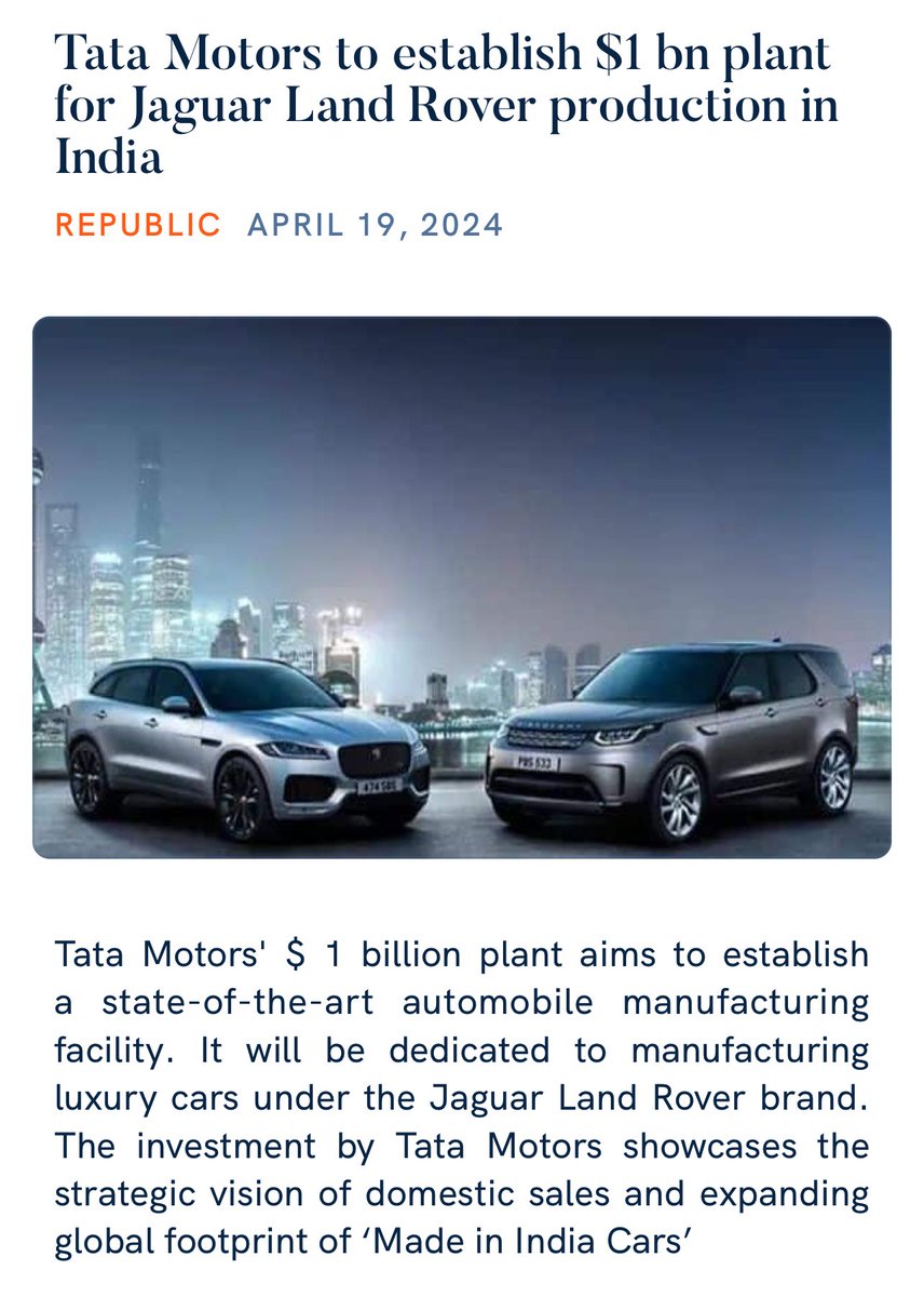 Tata Motors to establish $1 bn plant for Jaguar Land Rover production in India republicworld.com/business/tata-… via NaMo App