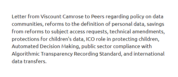 Letter from DSIT minister @JonathanCamrose with responses following from the first three days of Lords debate on the Data Protection and Digital Information Bill data.parliament.uk/DepositedPaper… #DPDIBill #dataprotection Other Bill docs incl Hansard transcripts bills.parliament.uk/bills/3430/pub…