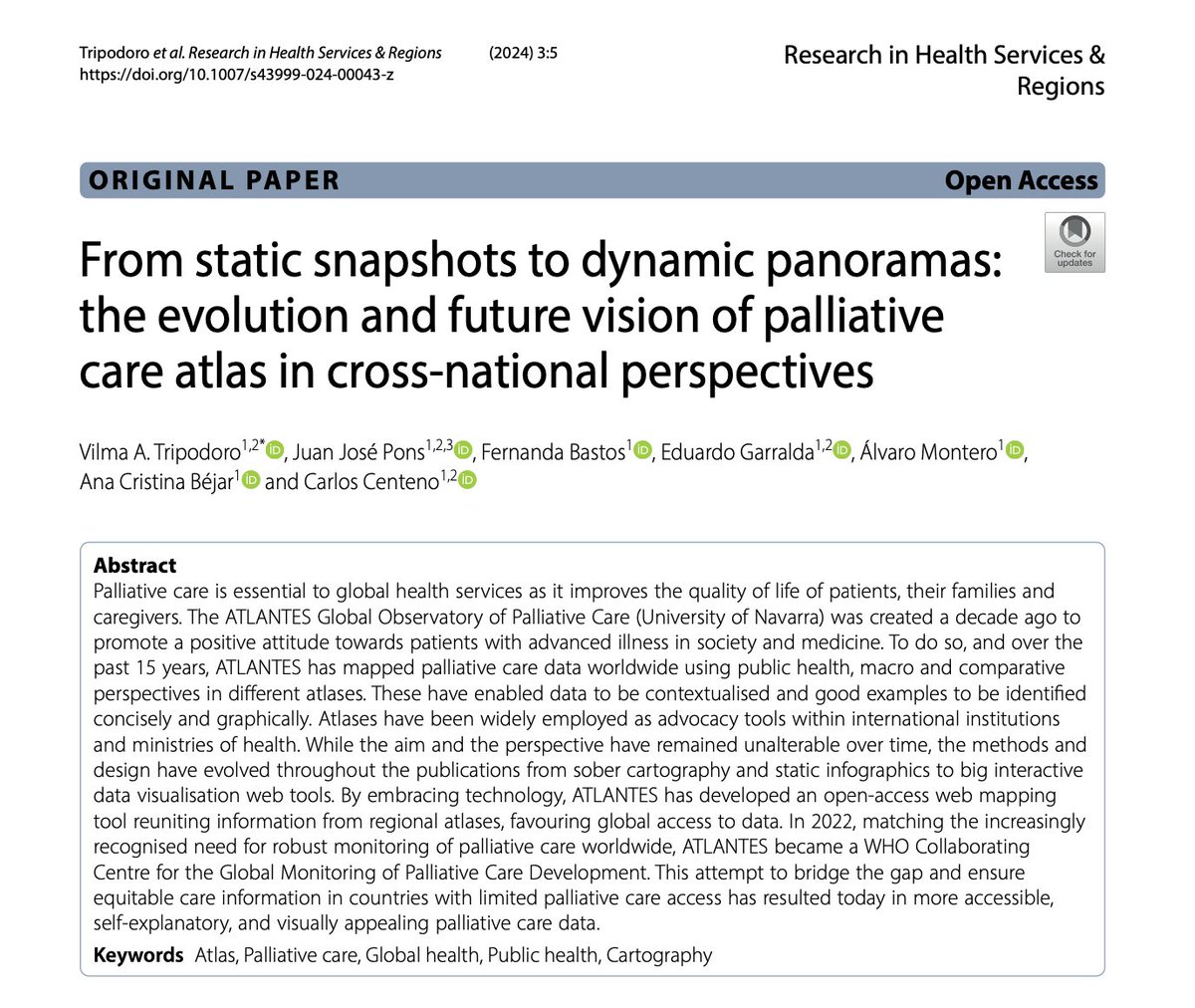 ¡Tenemos nueva publicación!🎉 Varios de nuestros investigadores trabajaron en el artículo "From static snapshots to dynamic panoramas: the evolution and future vision of palliative care atlas in cross-national perspectives", publicado por <a href="/journal_rhsr/">Research in Health Services and Regions</a>. 
🔗bit.ly/4b3kAHU