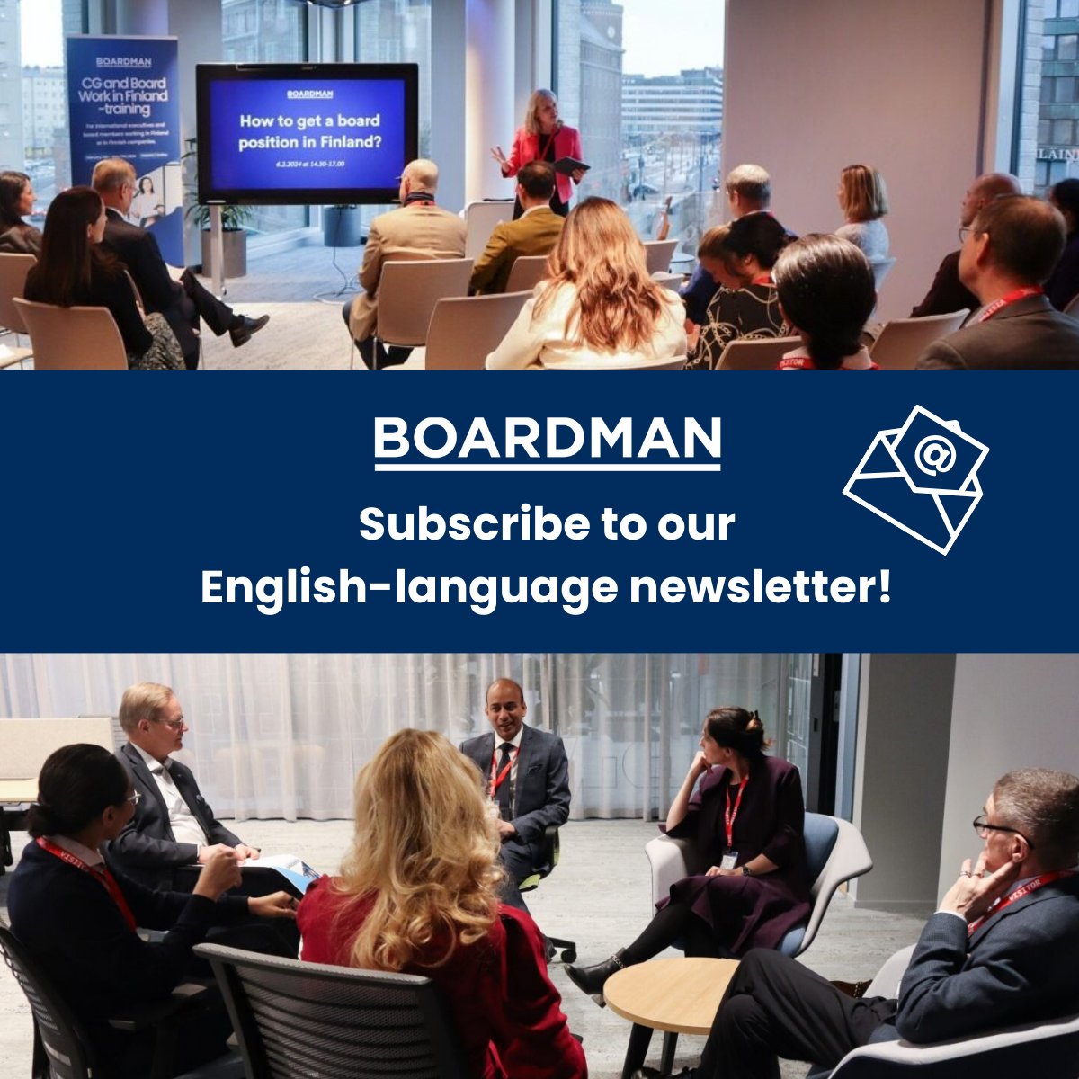 Subscribe to our English-language newsletter! 📧
boardman.fi/en/subscribe-t…

Through the newsletter, you’ll get informed about #Boardman English-language events and networking opportunities.

The themes of the newsletter revolve around #Ownership, #BoardWork, and #Management.