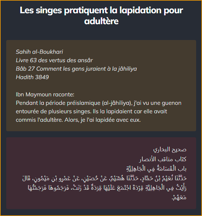 Pas d'adultère sans mariage, donc les singes connaissaient le mariage et ont inspiré la lapidation en Islam. Le Nigeria, l'Arabie saoudite, le Soudan, l'Afghanistan, les Émirats arabes unis et le Yémen la pratiquent encore, uniquement pour les femmes.
#Islam #Coran #Allah▶️🚮