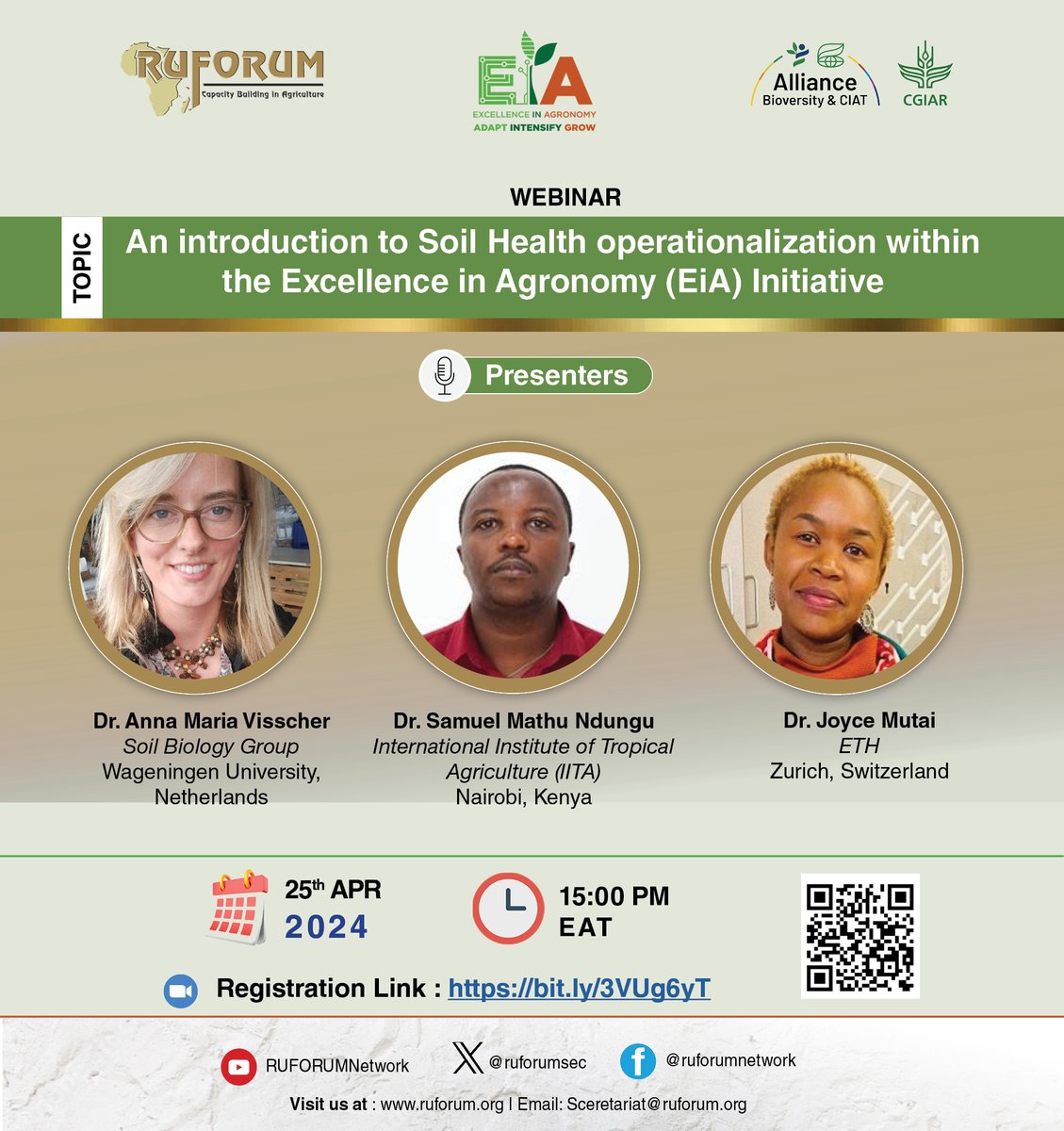 📣Join us for an insightful webinar titled 'Exploring Soil Health Operationalization within the Excellence in Agronomy (EiA) Initiative'. Dr. Samuel Mathu Ndungu will be participating in this webinar. Register 👉 on.cgiar.org/4d1QmGW @ruforumsec @CGIAR @IITA_CGIAR