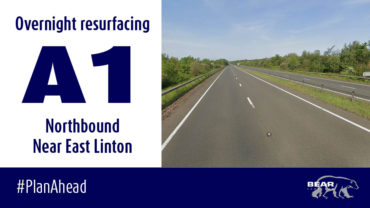 Sixteen nights of resurfacing works on the #A1 near East Linton commence 7 May. The northbound carriageway will be renewed on sections north of Tyne Bridge and then west of Monksmuir. Details: bearscot.com/a1-northbound-…