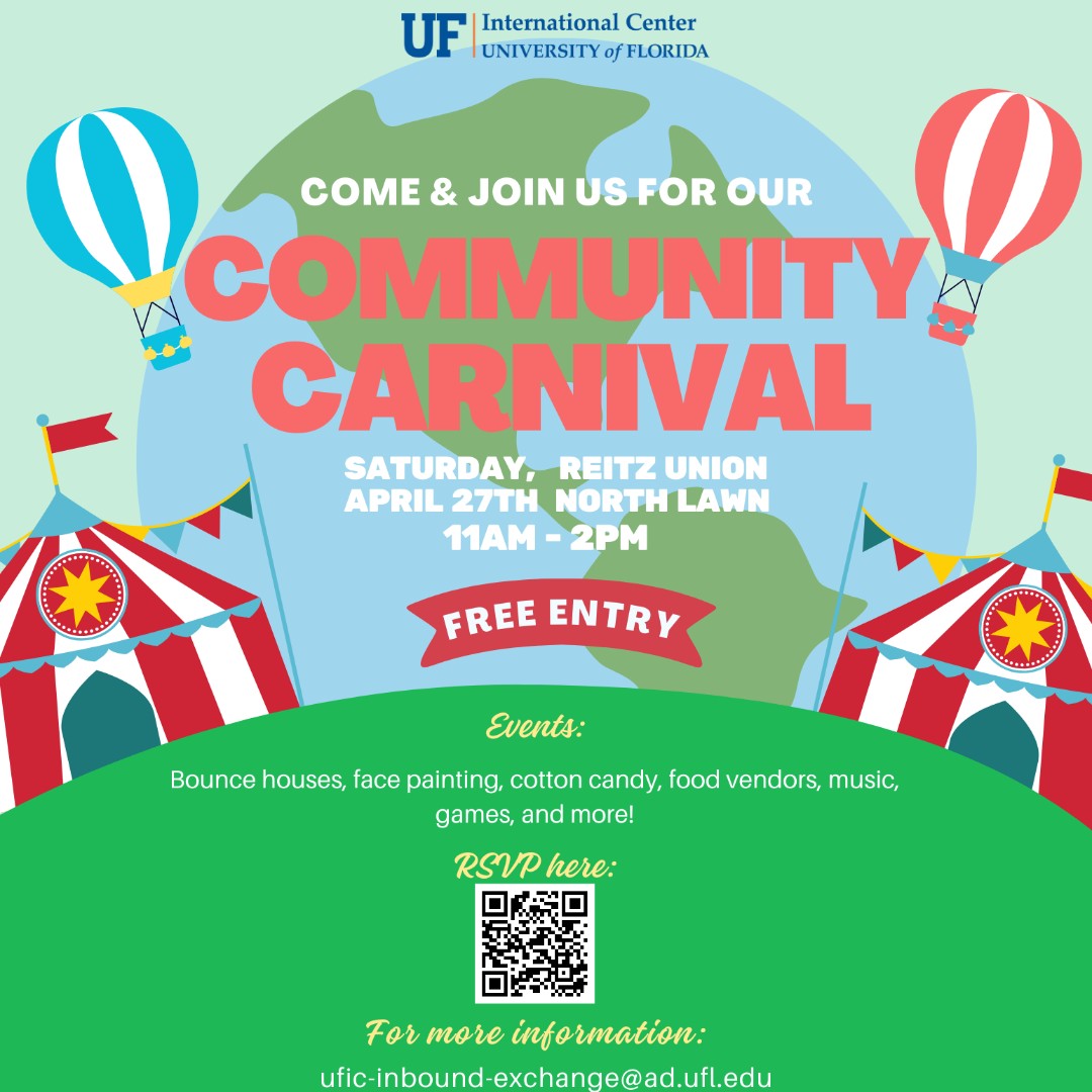 UFIC is delighted to present our Community Carnival, a day of celebration for the international Gator family, taking place this Saturday, April 27th, from 11:00 a.m. until 2:00 p.m.
RSVP here: forms.gle/GDngKb2SnMpVnJ…